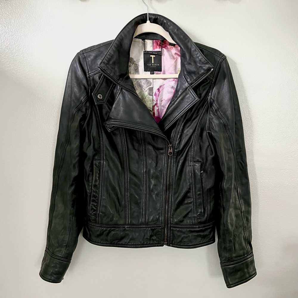 Ted Baker leather jacket with floral lining, size 2.